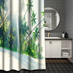 Detail of tropical palm beach scenery printed on waterproof polyester shower curtain