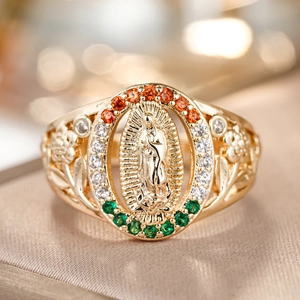 Goldener Ring mit Jungfrau Maria Relief, bunten Zirkonia und Blumen-Gravuren