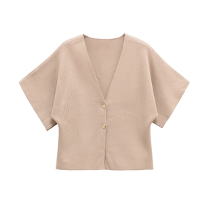 Flat lay of beige short-sleeve knit cardigan with V-neck and ribbed texture detail