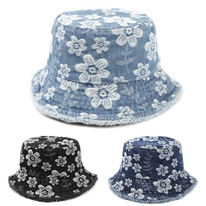 Floral Embroidered Denim Bucket Hat For Women Washed Frayed Edge Summer Sun Protection Outdoor Casual Retro Hat