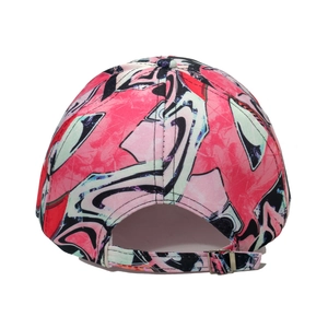 Detail view of pink graffiti baseball cap back with adjustable metal buckle strap