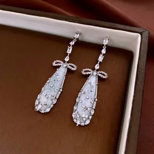 Bow Water Drop Long Dangle Earrings Copper With Zircon And Silver Earring Post Vintage Elegant Jewelry For Women