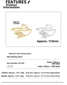 Detailed size specifications for S925 sterling silver adjustable branch leaf ring