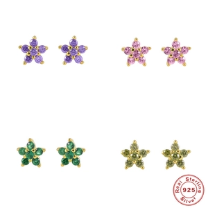 Set of four S925 sterling silver flower stud earrings with colorful zircon petals