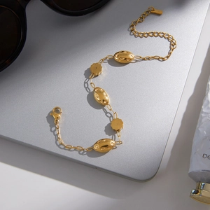 Bracciale classico in acciaio inossidabile dorato con perline ovali e fiori