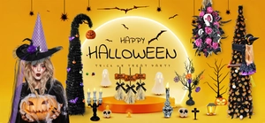 Collection of Halloween decorations featuring a witch costume, glowing pumpkins and spooky props