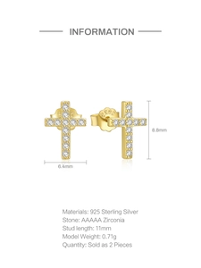 Detailed size chart for gold S925 sterling silver cross earrings with AAAAA zircon stones