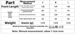 Size chart for women's long woolen coat detailing bust, length, and shoulder measurements