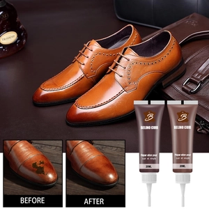 Detail showing 20ml leather repair cream in brown shades with before and after footwear effect
