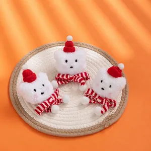 Plush Christmas white bear with red Santa hat and striped scarf for hair clips