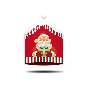 Wooden Christmas Santa house ornament with red background and colorful stripes