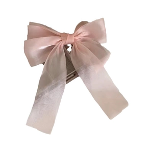 Pink cream tulle bow hair clip with elegant long ribbons for hair styling