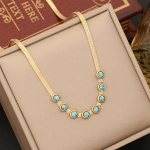 Gold-plated snake chain necklace with seven turquoise stones in a luxury gift box