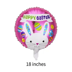 Close-up of 18 inch pink Happy Easter foil balloon featuring a white bunny and striped egg