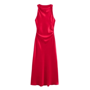 Detail of red satin halter neck midi dress showing silky fabric texture and elegant drape
