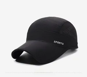 Detail of breathable air vents and white SPORTS print on black quick-dry baseball cap