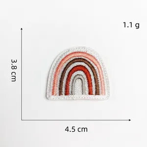 Detailed view of rainbow embroidered patch with dimensions 4.5cm by 3.8cm and 1.1g weight