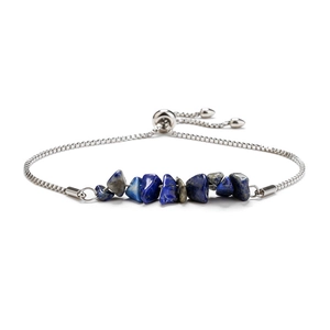 Adjustable stainless steel bracelet featuring natural blue lapis lazuli stone chips