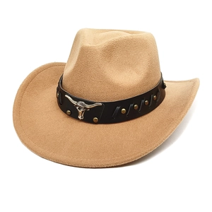 Classic camel western cowboy felt hat with leather strap and metal bull head emblem