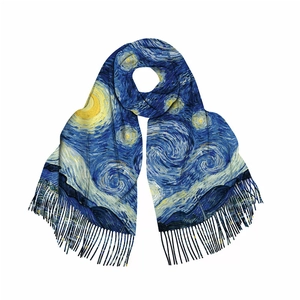 Winter Van Gogh Starry Night oil painting style cashmere-feel scarf with elegant fringes
