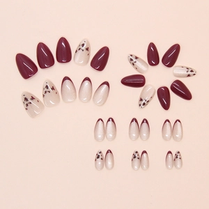 Press-on nails set with deep burgundy, cat eye glitter, and dried flower art almond tips