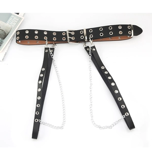 Gothic Harajuku black PU leather belt with silver metal chains and double leg loops
