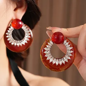 Vintage oversized amber resin hoop earrings with marquise crystal inlay for women