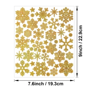 Detailed view of gold glitter snowflake and star stickers with dimension markers