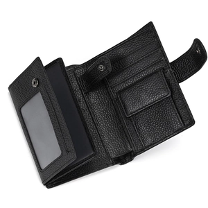 Three-fold black litchi grain leather wallet with coin pocket and multi-card slots