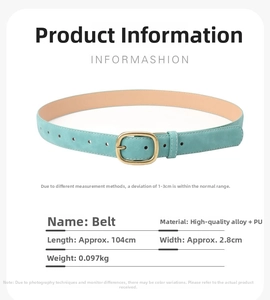 Detail specifications of the light blue PU leather belt with golden alloy pin buckle