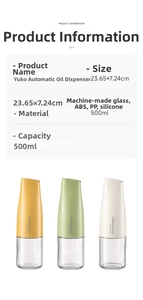 Detail showing 500ml glass oil dispenser bottle dimensions and automatic gravity lid