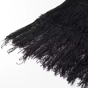 Close-up macro view of high-quality black fringe texture on elegant knitted maxi dress