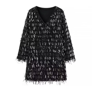 V Neck Sequin Tassel Mini Dress Long Sleeve Stretch Fringe Party Clubwear Evening Sexy Elegant Fashion For Women