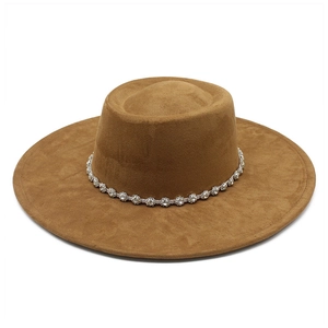 Brown suede flat top fedora with rhinestone flower band, 45-degree angled view