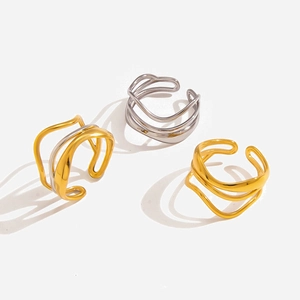 Modern Minimalist Stainless Steel Wave Adjustable Open Ring For Women 18K Gold Plated Irregular Layered Finger Ring Jewelry Gift