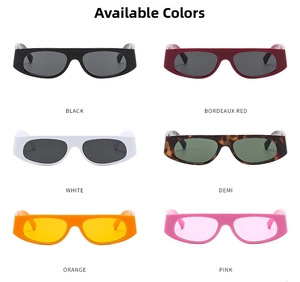 Detailed view of rectangle sunglasses in black, bordeaux, white, and demi frame colors