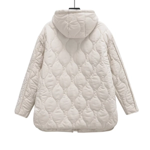 Back view of beige hooded quilted jacket with classic gourd pattern stitching for women