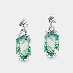 Green Moss Agate Drop Earrings With 925 Sterling Silver Earring Post Hexagon Cut Vintage Geometric Jewelry For Women