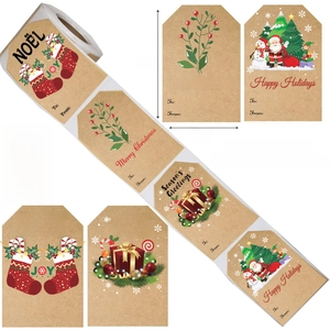 200pcs Kraft Christmas gift tags stickers with 4 festive designs on 3x2 inch labels