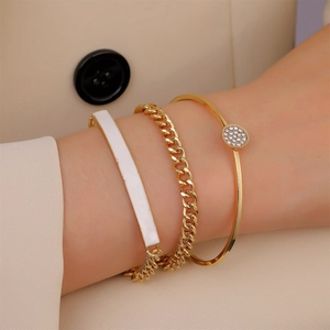 Chic 3-piece gold geometric bracelet set with white enamel and sparkling zircon accents