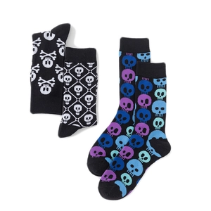 Skull pattern mid-calf cotton socks with crossbones and colorful gradient designs
