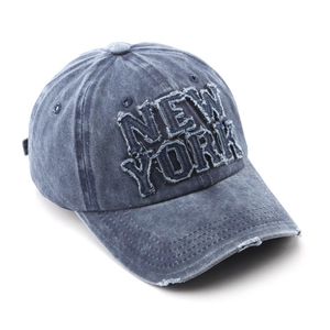 Retro distressed blue denim baseball cap featuring New York patchwork design