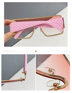 Detailed view of pink temple arms with gold hinges and quilted texture on fashion sunglasses