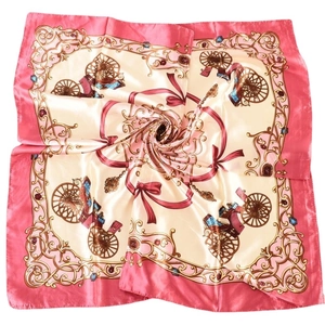 Vintage carriage print square silk scarf in pink and cream satin with gold details