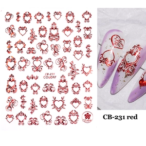 Macro shot of 3D heart and rose nail decals model CB-231 on purple gradient nails