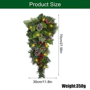 70cm Christmas swag with artificial pine needles, red berries, cones and LED lights