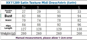 Size chart for the satin backless midi dress with measurements for XS to L sizes