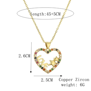 Detail of gold heart pendant with colorful zircons and LOVE lettering dimensions