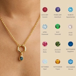 Detailed chart showing twelve birthstone pendant options for the gold tarot necklace