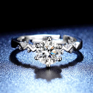 Macro shot of S925 silver ring featuring round-cut moissanite and a unique wavy band design